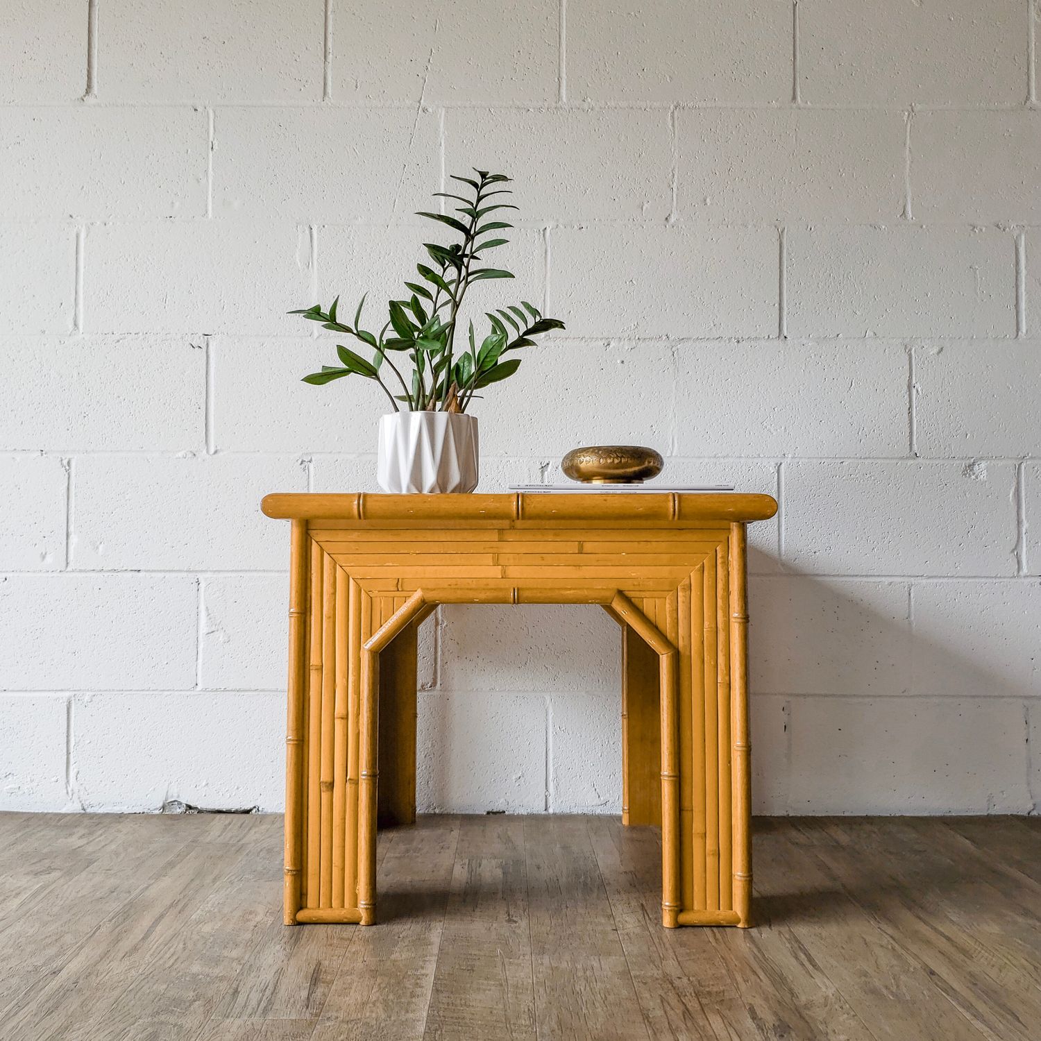 Vintage Rattan &amp; Split Bamboo Square End Table w/ Glass Top