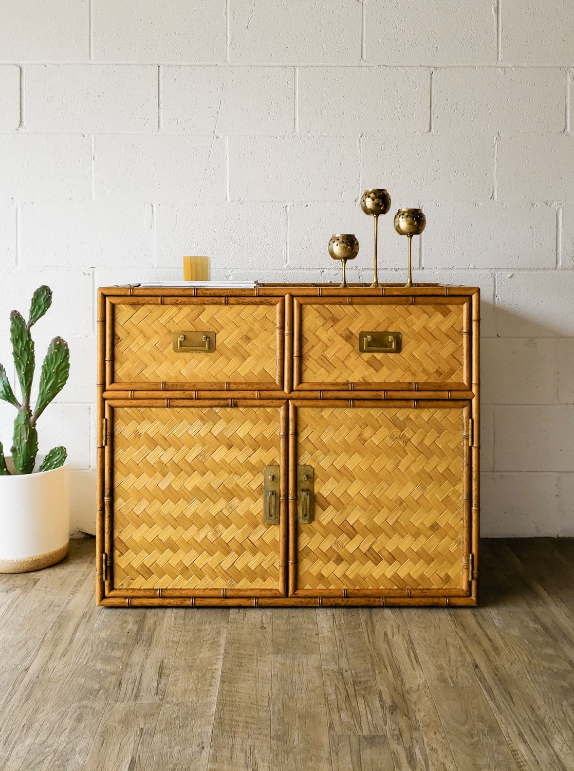 Vintage Woven Bamboo &amp; Rattan Sideboard w/ Lacquered Brass Pulls