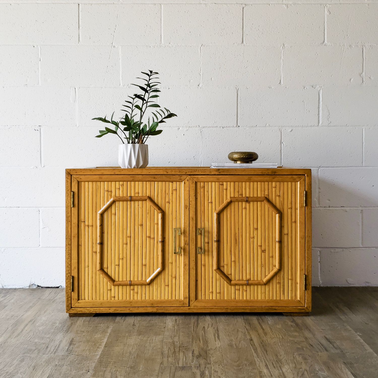 Vintage Split Bamboo Cabinet w/ Chinoiserie Pulls | Oversized End Table