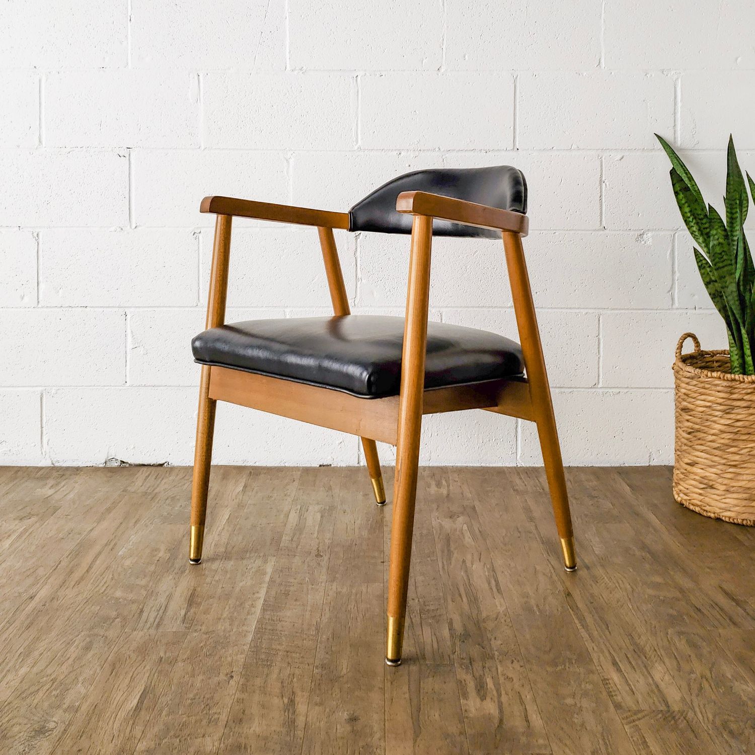 Vintage Mid-Century Modern Walnut &amp; Black Upholstered Armchair