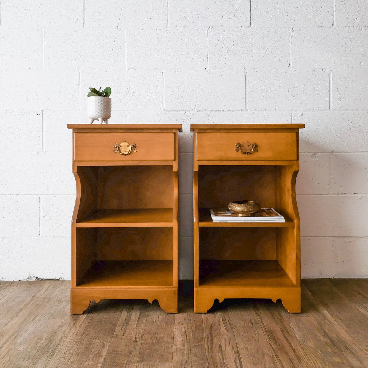 Set of (2) Vintage Ethan Allen Solid Maple Open Cabinet &amp; One-Drawer Nightstands
