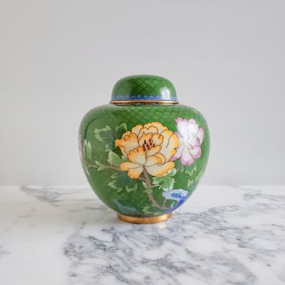 Vintage Chinese Floral Green, Yellow, Pink &amp; Blue on Brass Cloisonné Ginger Jar | 6"