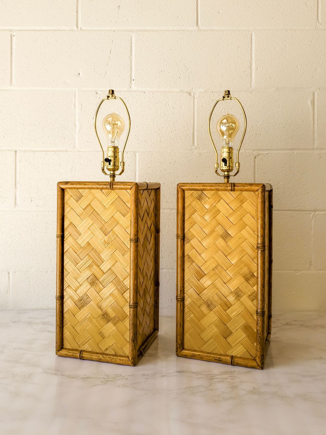 Set of (2) Vintage Rattan &amp; Woven Bamboo Cuboid Table Lamps