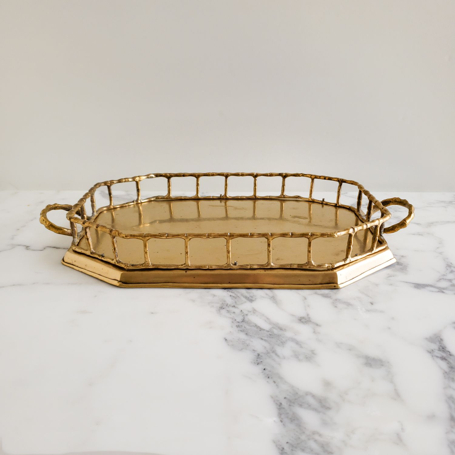 Vintage Medium Solid Brass Bamboo Octagonal Tray