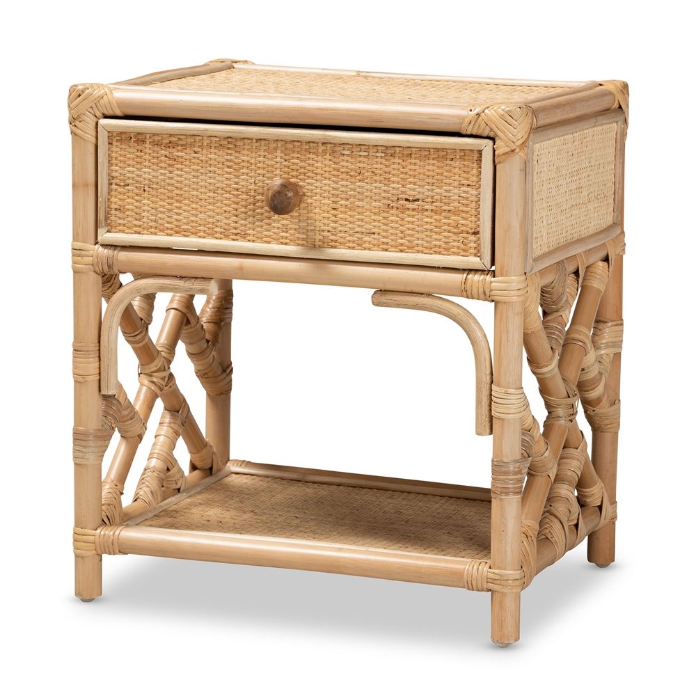 Camara Modern Bohemian Natural Brown Rattan 1-Drawer Nightstand by bali &amp; pari