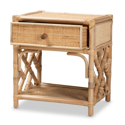 Camara Modern Bohemian Natural Brown Rattan 1-Drawer Nightstand by bali &amp; pari