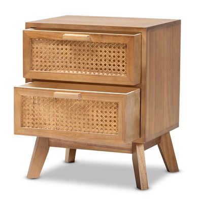 Baden Mid-Century Modern Style Walnut Brown Finished Wood 2-Drawer End Table with Rattan by Baxton Studio