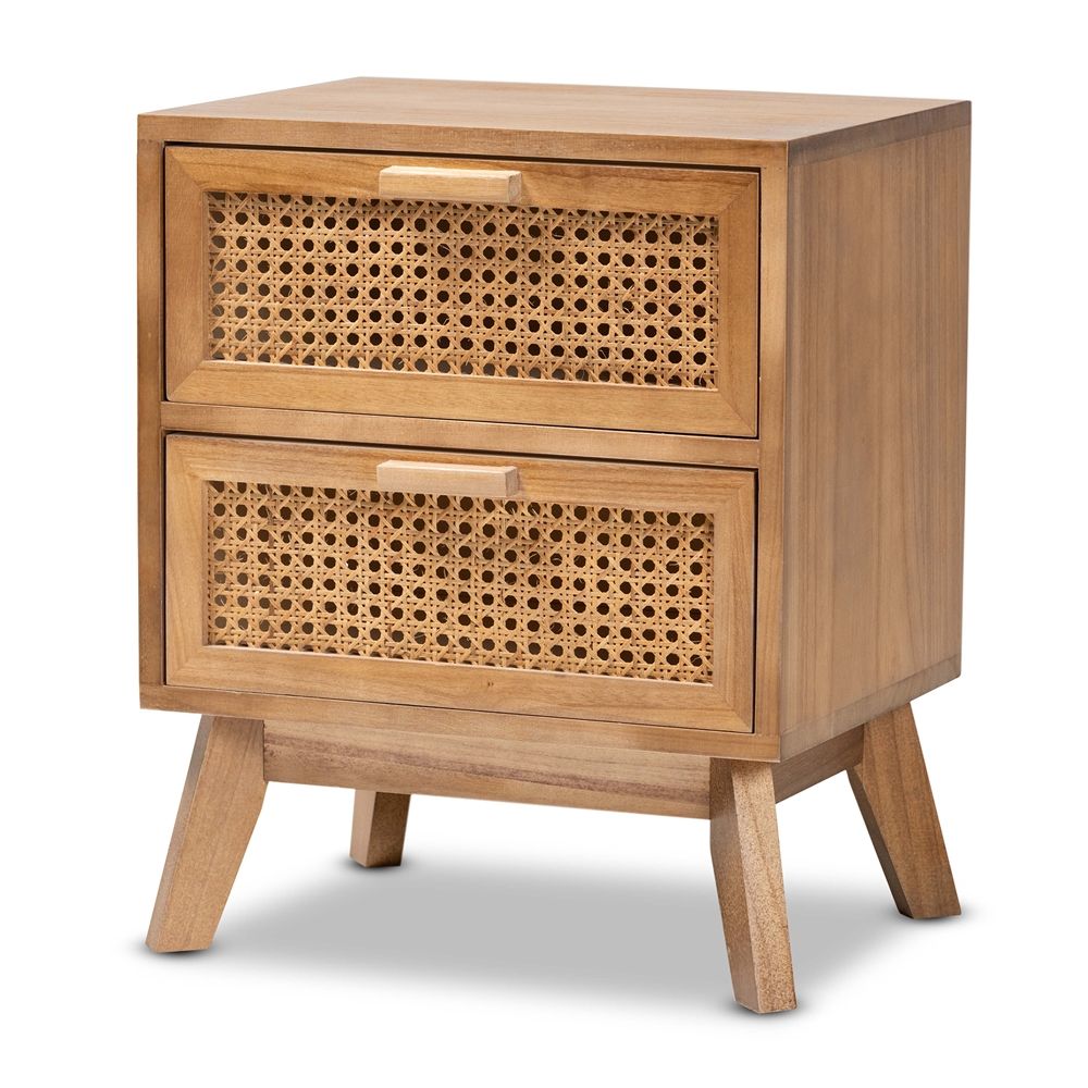 Baden Mid-Century Modern Style Walnut Brown Finished Wood 2-Drawer End Table with Rattan by Baxton Studio