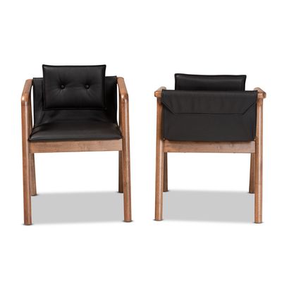 Marcena Mid-Century Modern Style Black Faux Leather Upholstered and Walnut Brown Finished Wood 2-Piece Dining Chair Set by Baxton Studio