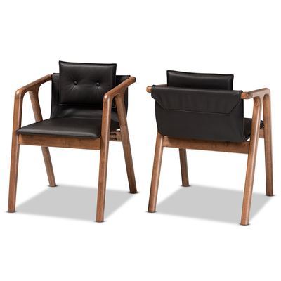 Marcena Mid-Century Modern Style Black Faux Leather Upholstered and Walnut Brown Finished Wood 2-Piece Dining Chair Set by Baxton Studio