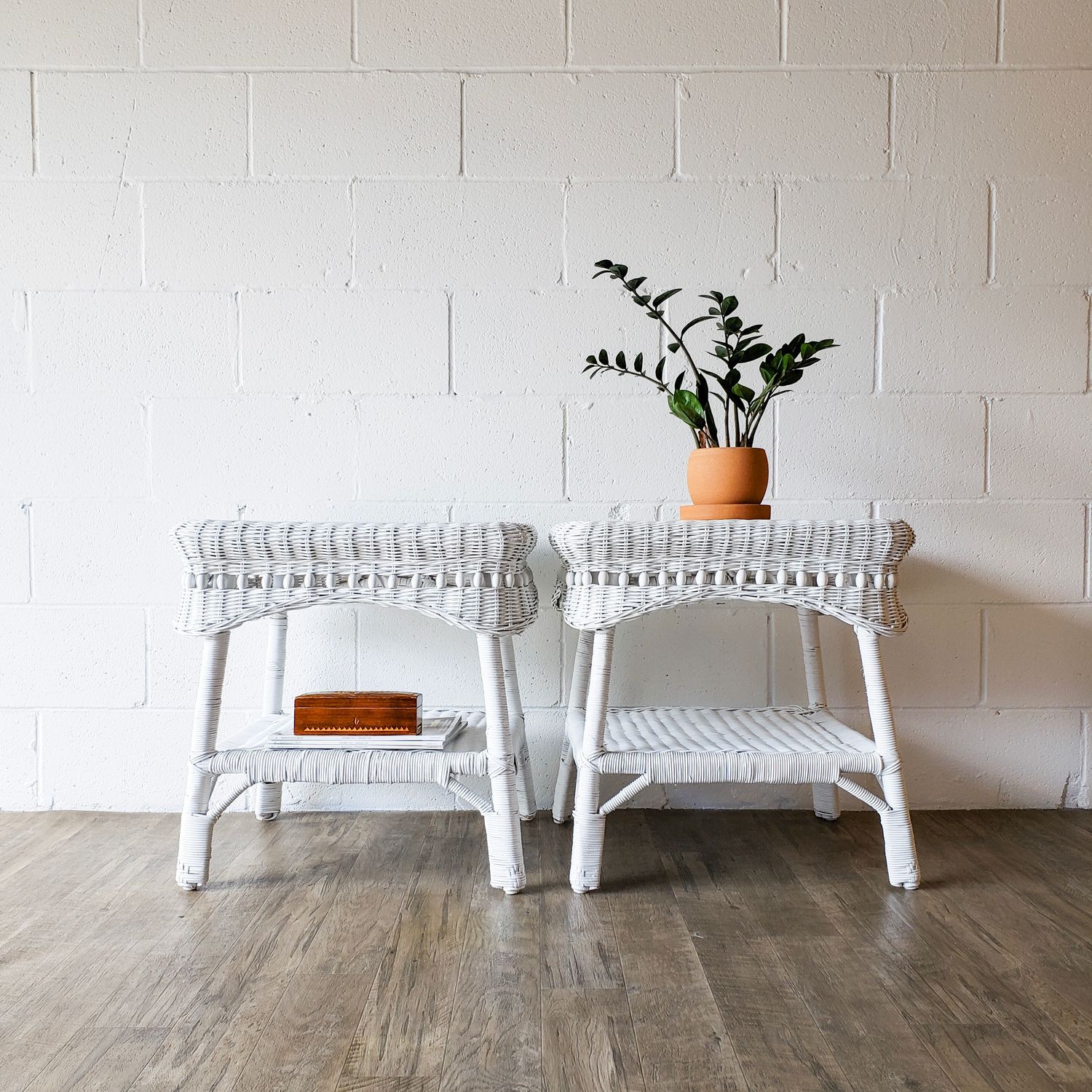 Vintage Set of (2) White Wicker Two-Tier End Tables