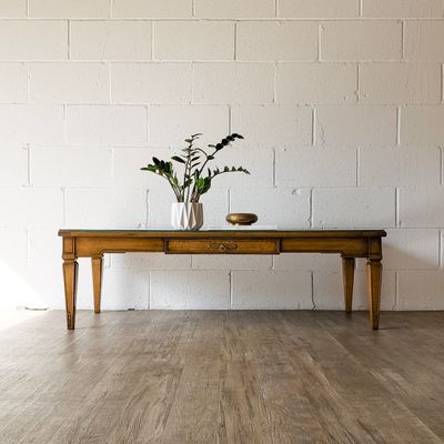 Vintage Mid-Century Coffee Table w/ Burl Wood Drawer &amp; Glass Top