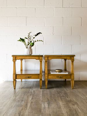 Vintage Set of (2) Mid-Century 2-Tier w/ Drawer &amp; Glass Top End Tables
