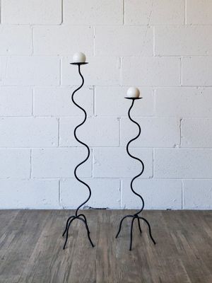 Set of (2) Floor-Standing Wrought Iron Wavy Candle Holders