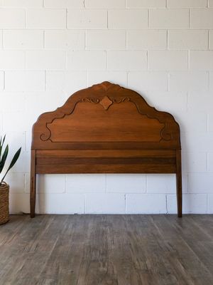 Vintage Carved Walnut Full Headboard w/ Mahogany &amp; Birdseye Maple Inlay