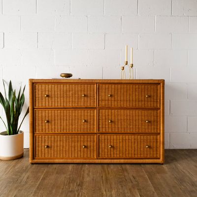 Vintage Wicker &amp; Cane 6-Drawer Dresser w/ Solid Brass Knobs