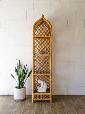 Rare Vintage Bamboo &amp; Cane Wrapped Étagère w/ 4 Smoked Glass Shelves