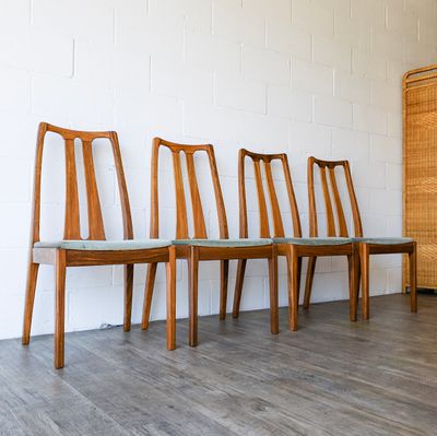 Set of (4) Vintage Nathan Mid-Century Modern Teak Dining Chairs w/ Sage Green Velvet Upholstery