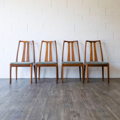 Set of (4) Vintage Nathan Mid-Century Modern Teak Dining Chairs w/ Sage Green Velvet Upholstery