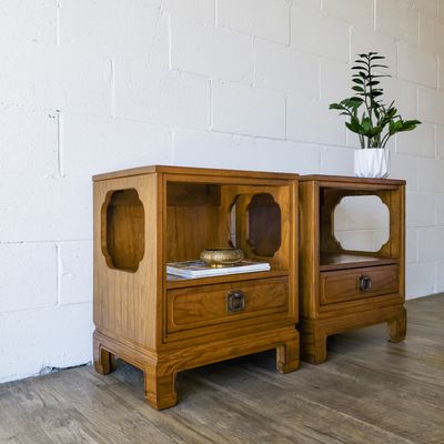 Set of (2) Vintage Davis Cabinet Co Teakwood Chinoiserie Style Nightstands