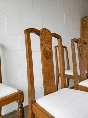 Set of (4) Vintage Art Deco Style Carved Oak Dining Chairs | Reupholstered