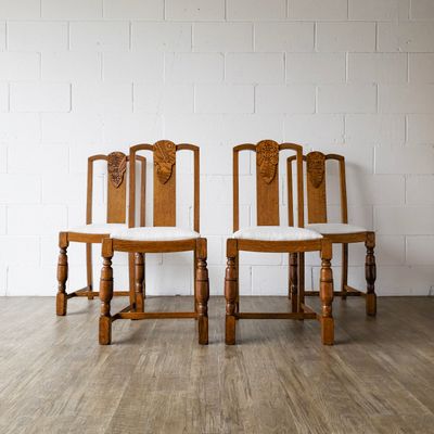 Set of (4) Vintage Art Deco Style Carved Oak Dining Chairs | Reupholstered