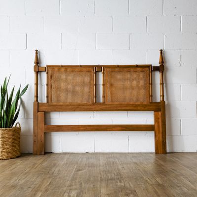 Vintage Cane &amp; Solid Wood Faux Bamboo Full Headboard