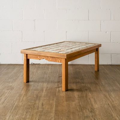 Vintage Solid Oak &amp; Talavera Tile Top Coffee Table | Burnt Orange, Navy Blue, Mustard Yellow