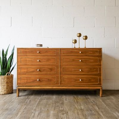 Vintage Mid-Century Modern Walnut w/ Rattan Inlay 8-Drawer Dresser Circa 1967