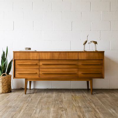 Vintage Mid-Century Modern Cherry 9-Drawer Lowboy Dresser by Dixie | Credenza | Console