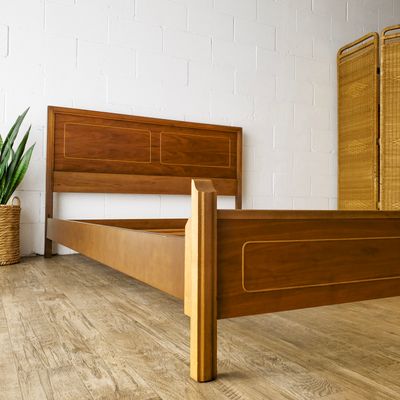 Vintage Mid-Century Modern Walnut w/ Rattan Inlay Full Bed Circa 1967