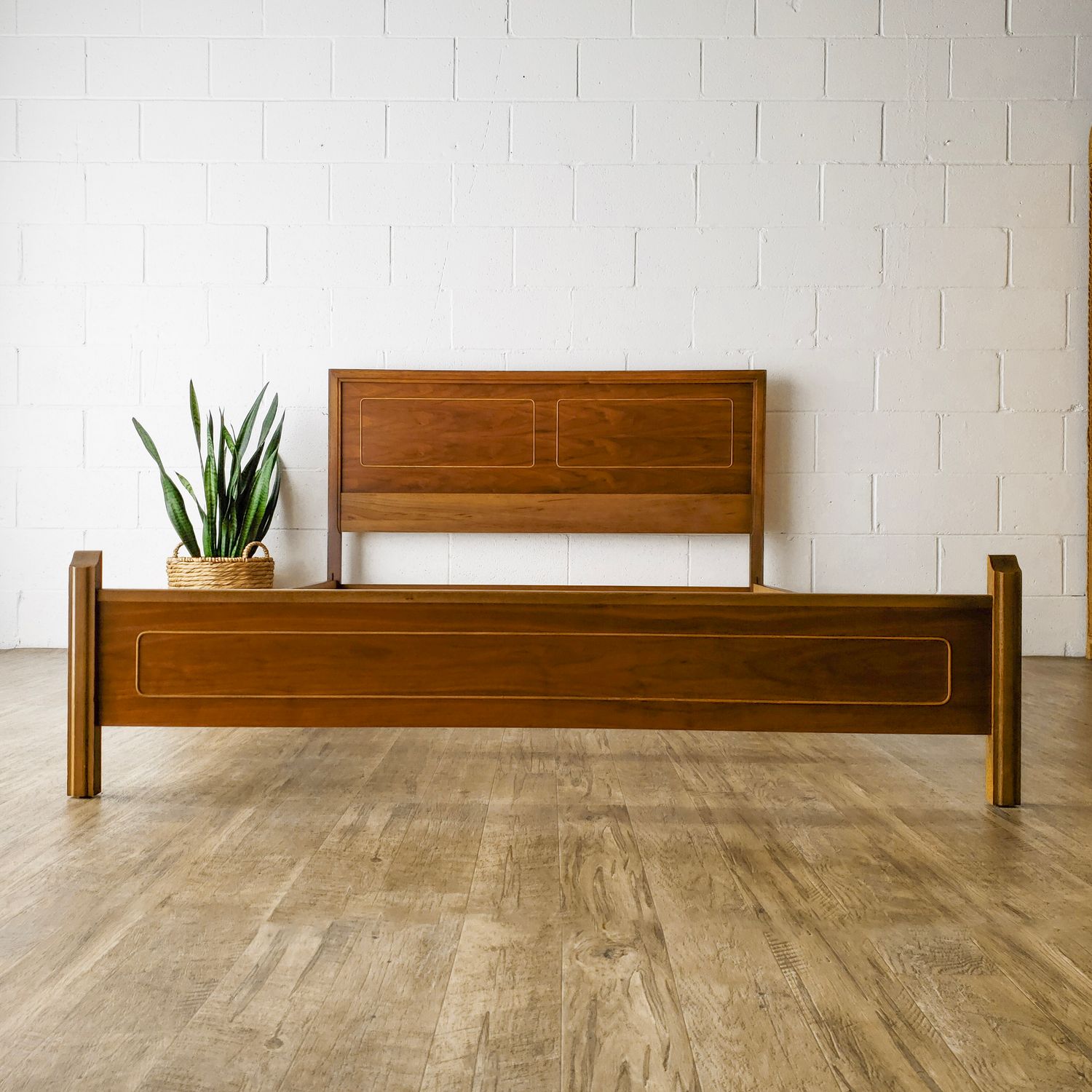 Vintage Mid-Century Modern Walnut w/ Rattan Inlay Full Bed Circa 1967