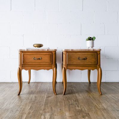 Vintage Set of (2) Solid Wood French Provincial Pink Marble Top End Tables w/ Drawer