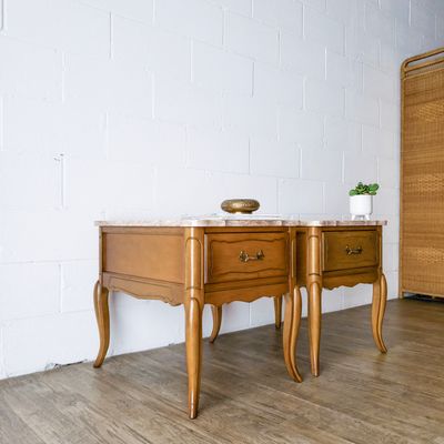 Vintage Set of (2) Solid Wood French Provincial Pink Marble Top End Tables w/ Drawer