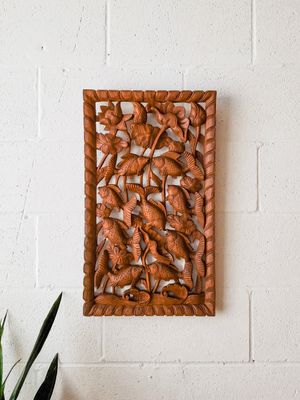 Vintage Lotus Flower &amp; Fish in Water Ranma / Transom Style Screen | Ornate Wood Carved Wall Art