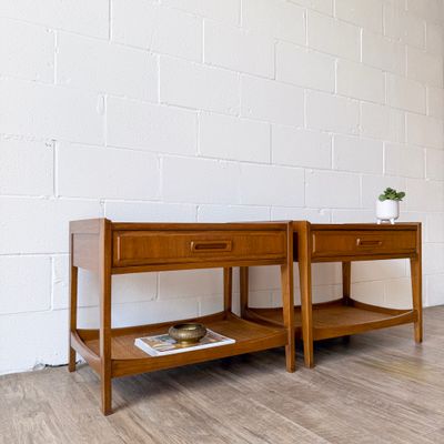 Vintage Mid-Century Modern Set of (2) Thomasville Walnut &amp; Cane Two-Tier Nightstands w/ Drawer