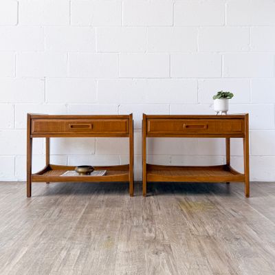 Vintage Mid-Century Modern Set of (2) Thomasville Walnut &amp; Cane Two-Tier Nightstands w/ Drawer