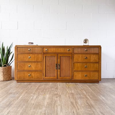 Vintage 80's Oak Campaign Style 12-Drawer Dresser w/ Fluted Drawer /Door Accents &amp; Lacquered Brass Pulls