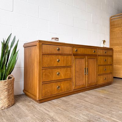 Vintage 80's Oak Campaign Style 12-Drawer Dresser w/ Fluted Drawer /Door Accents &amp; Lacquered Brass Pulls