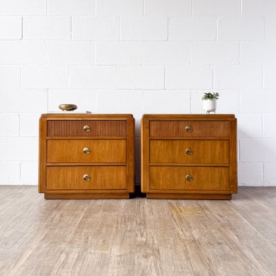 Vintage Set of (2) 80's Oak Campaign Style 3-Drawer Nightstands w/ Fluted Drawer Accents &amp; Lacquered Brass Pulls