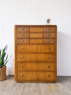 Vintage 80's Oak Campaign Style 7-Drawer Tallboy Dresser w/ Fluted Drawer Accents &amp; Lacquered Brass Pulls
