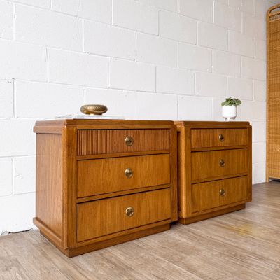 Vintage Set of (2) 80's Oak Campaign Style 3-Drawer Nightstands w/ Fluted Drawer Accents &amp; Lacquered Brass Pulls