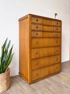 Vintage 80's Oak Campaign Style 7-Drawer Tallboy Dresser w/ Fluted Drawer Accents &amp; Lacquered Brass Pulls