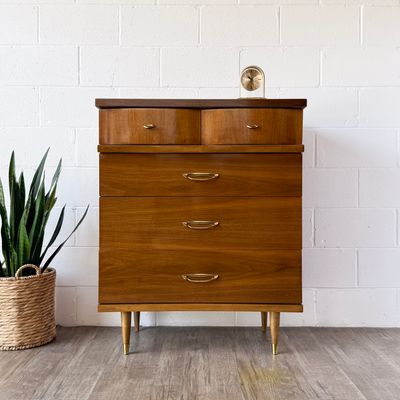 Vintage Mid-Century Modern Broyhill Walnut 4-Drawer Tallboy Dresser w/ Gold Tone Pulls