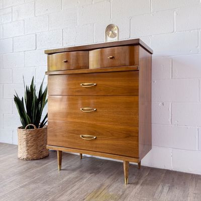 Vintage Mid-Century Modern Broyhill Walnut 4-Drawer Tallboy Dresser w/ Gold Tone Pulls