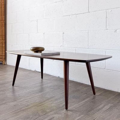 Vintage Mid-Century Modern Teak &amp; Walnut Surfboard Coffee Table w/ Angled Tapered Legs