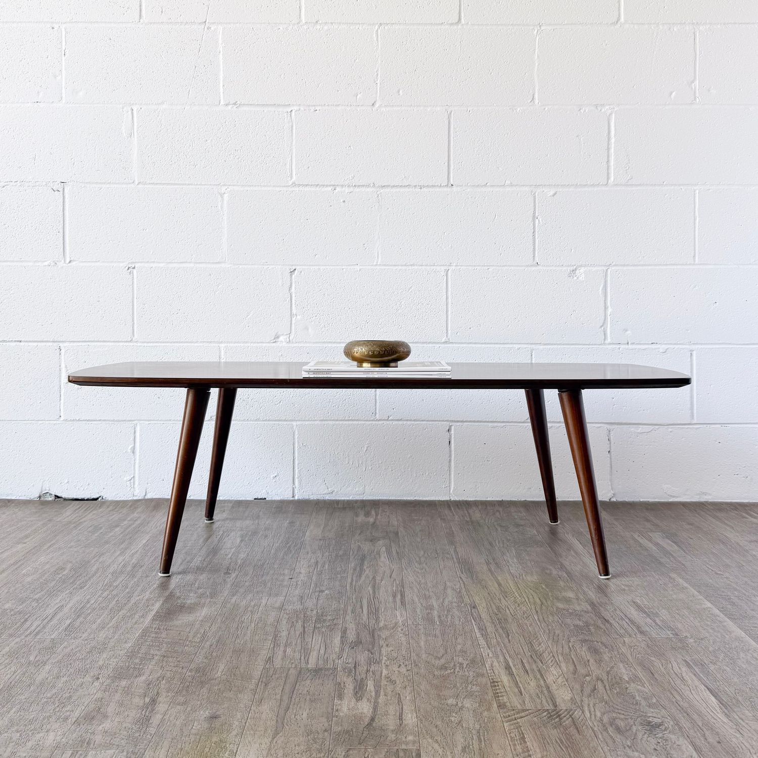 Vintage Mid-Century Modern Teak &amp; Walnut Surfboard Coffee Table w/ Angled Tapered Legs