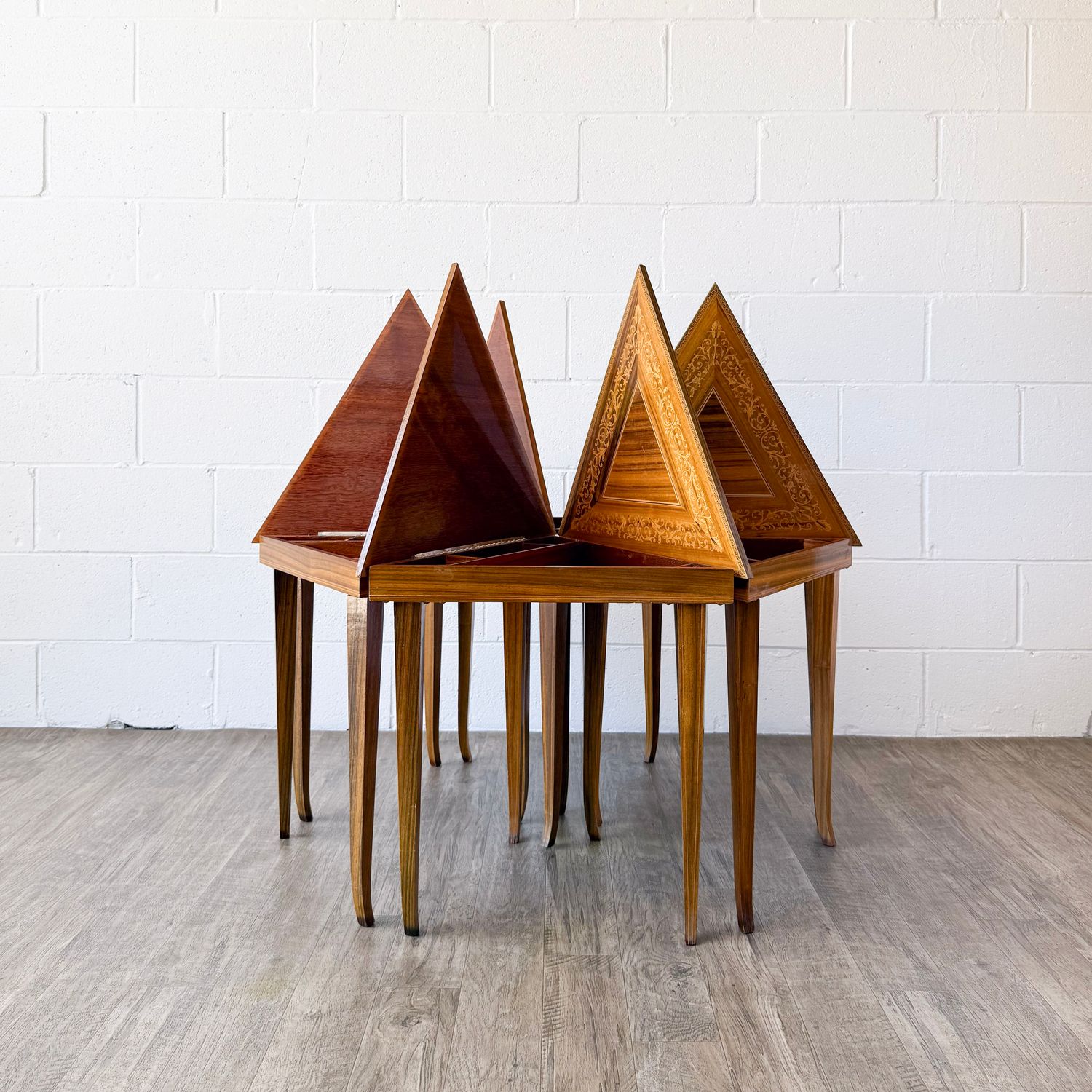 Set of (6) Vintage Italian Marquetry Inlay Triangular Musical Side Tables | Hexagonal Table | Consignment