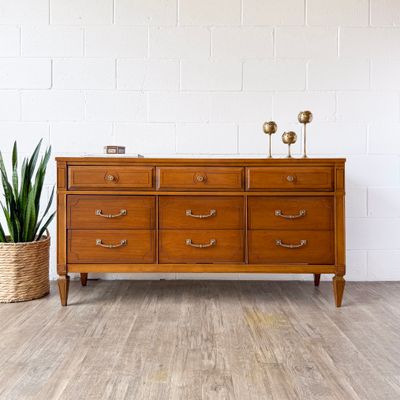 Vintage Mid-Century Neoclassical Style 9-Drawer Dresser w/ Solid Brass Pulls