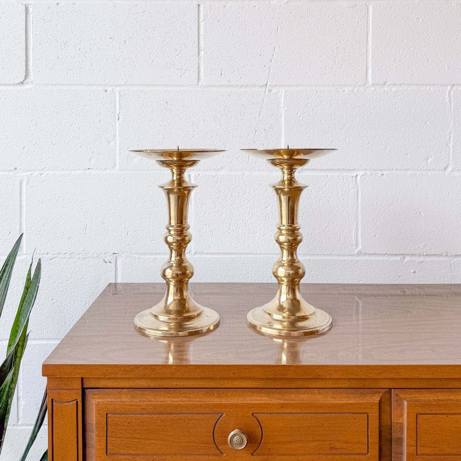 Set of (2) Vintage Brass Pillar Candle Holders | 12" | Consignment